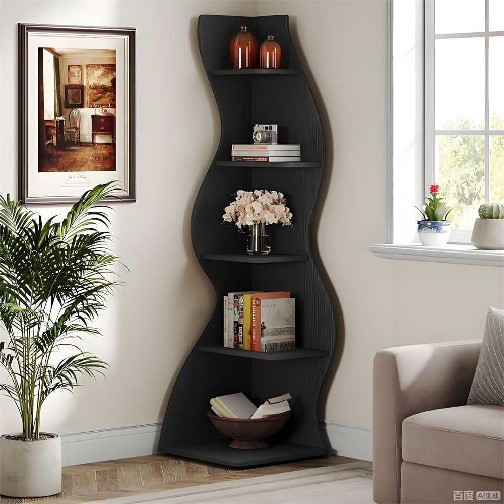 Wave shaped corner shelves, modern corner bookshelves, bookcases, display stands, and plant racks are suitable for small spaces - luxuryhomedecoridea.com