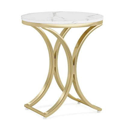 Round Faux Marble End Table - Gold C-Shaped Side Table for Living Room & Bedroom - luxuryhomedecoridea.com