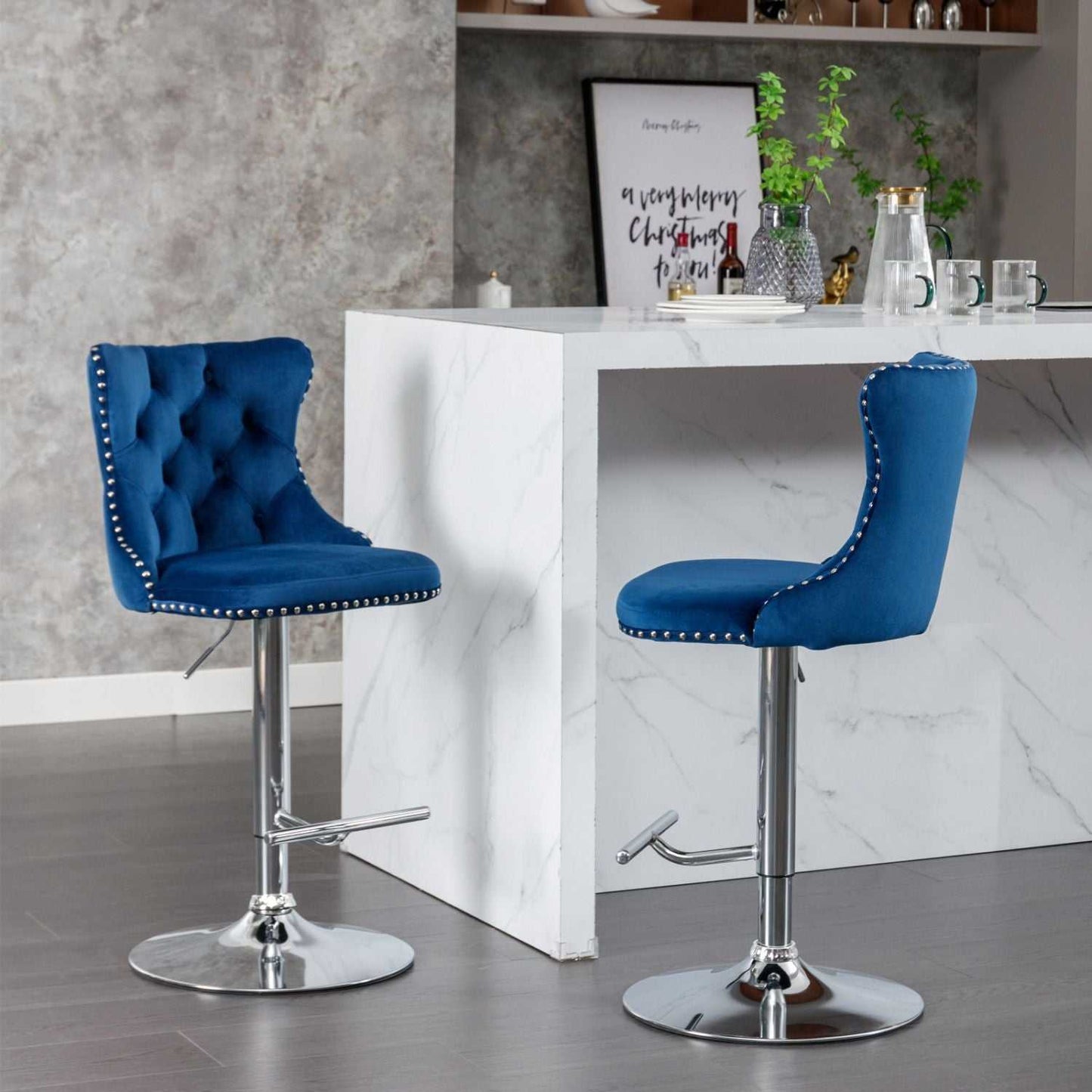 Swivel Velvet Barstools Adjusatble Seat Height from 25-33 Inch, Chrome base Bar Stools with Backs Comfortable Tufted for Home Pub and Kitchen Island,Set of 2,AS1712BL,Blue - luxuryhomedecoridea.com