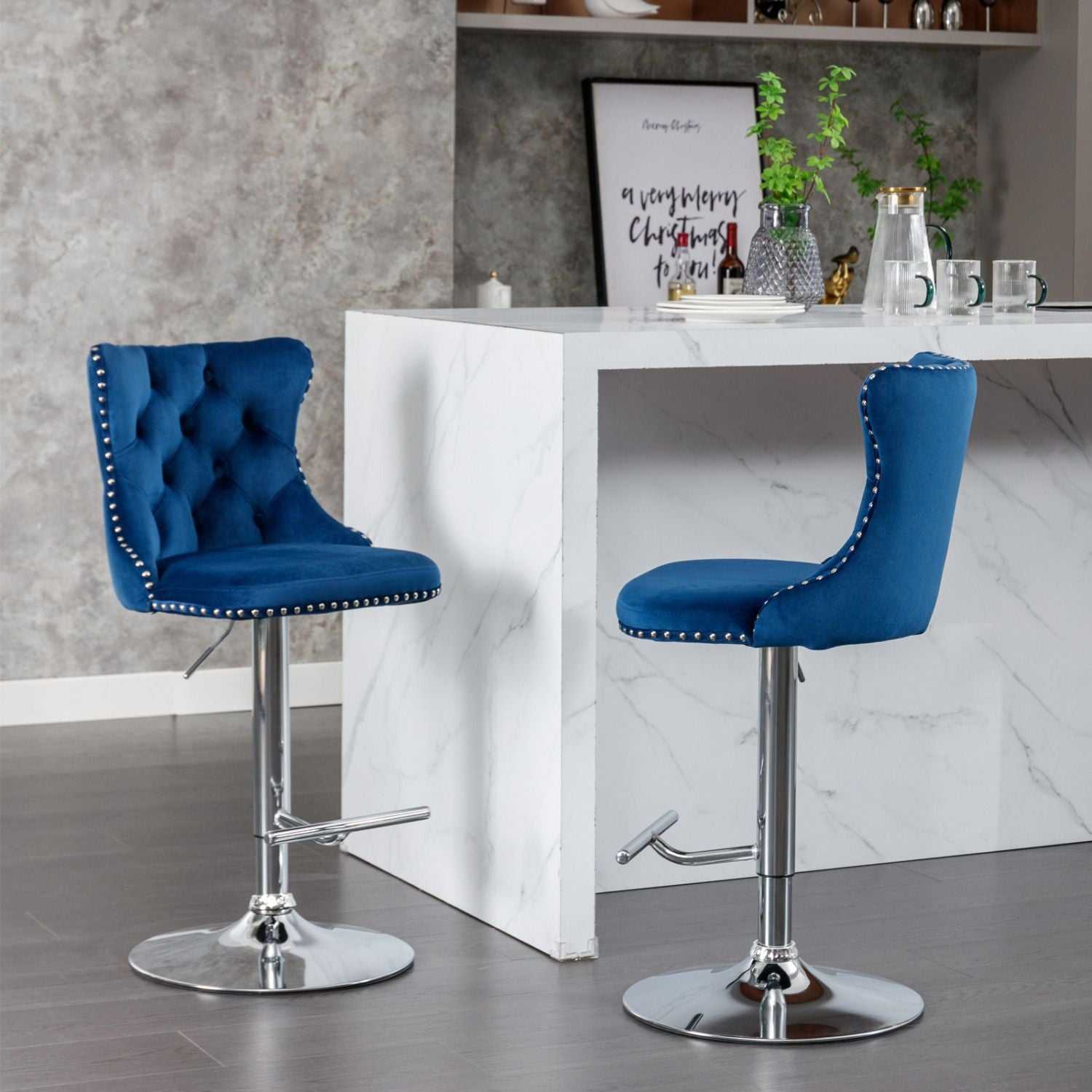 Swivel Velvet Barstools Adjusatble Seat Height from 25-33 Inch, Chrome base Bar Stools with Backs Comfortable Tufted for Home Pub and Kitchen Island,Set of 2,AS1712BL,Blue - luxuryhomedecoridea.com