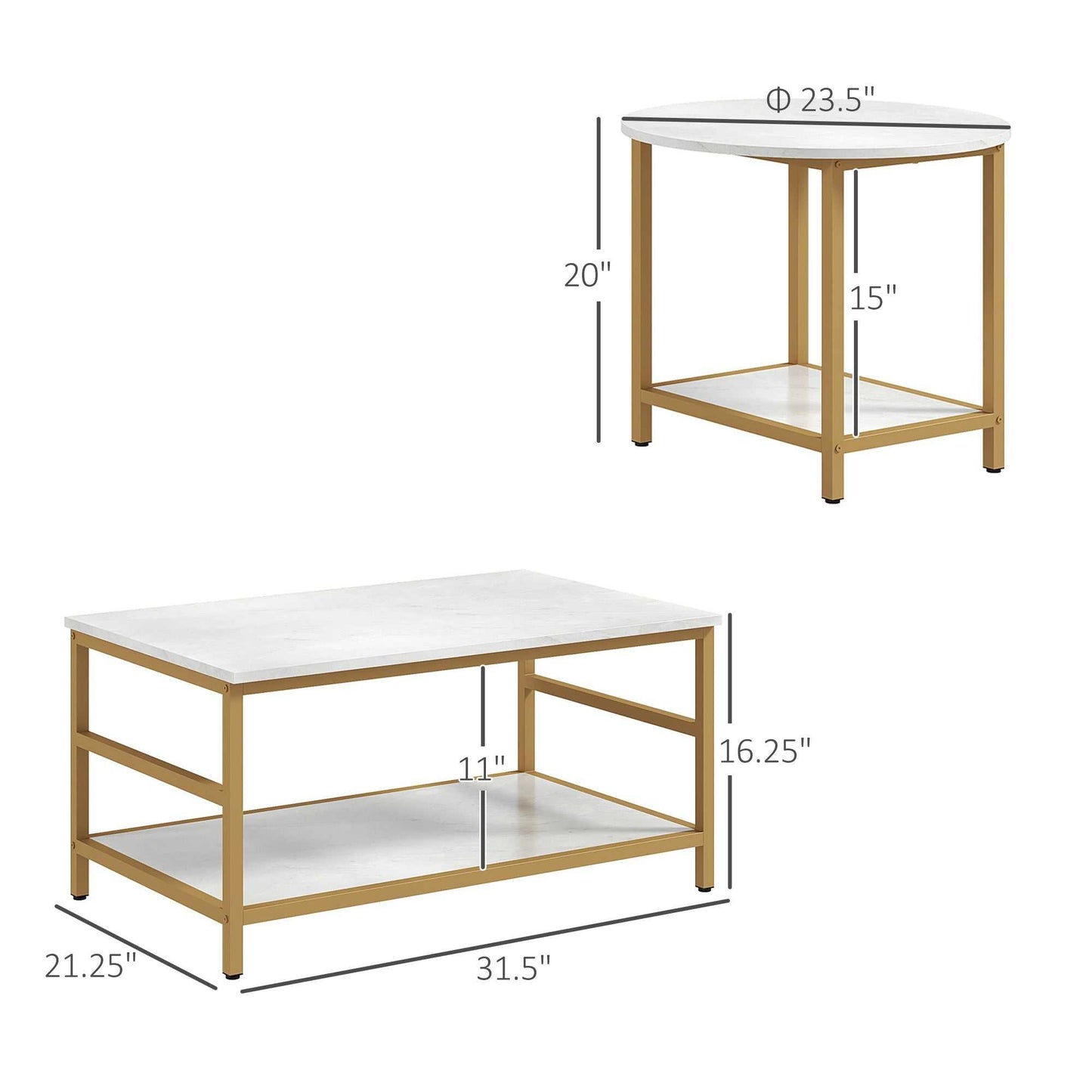 Coffee Tables Sets of 2, Rectangle and Round Coffee Table with Storage Shelves, Faux Marble Top, Living Room Table Set, White - luxuryhomedecoridea.com