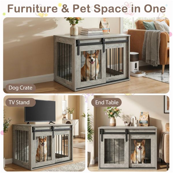 31.5" Dog Crate Furniture with Sliding Barn Door, Wooden Dog Kennel End Table for Indoor Use - Gray - luxuryhomedecoridea.com