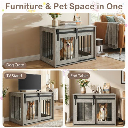 31.5" Dog Crate Furniture with Sliding Barn Door, Wooden Dog Kennel End Table for Indoor Use - Gray - luxuryhomedecoridea.com