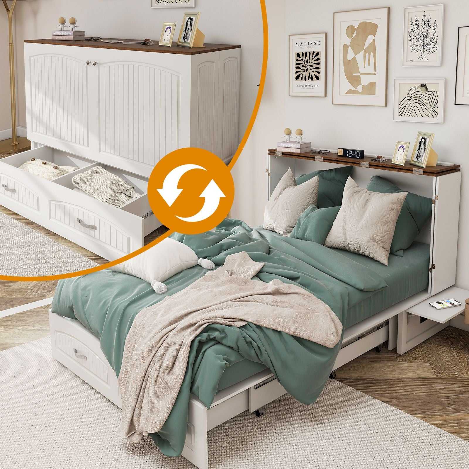 Queen Size Murphy Bed Frame with Drawers Murphy Chest Bed with Charging Station, 2 USB Ports Mobile Murphy Bed Sleeping Arrangement for Multipurpose Area for Bedroom Living Room Guest Room White&Wood - luxuryhomedecoridea.com
