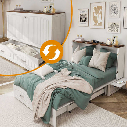 Queen Size Murphy Bed Frame with Drawers Murphy Chest Bed with Charging Station, 2 USB Ports Mobile Murphy Bed Sleeping Arrangement for Multipurpose Area for Bedroom Living Room Guest Room White&Wood - luxuryhomedecoridea.com