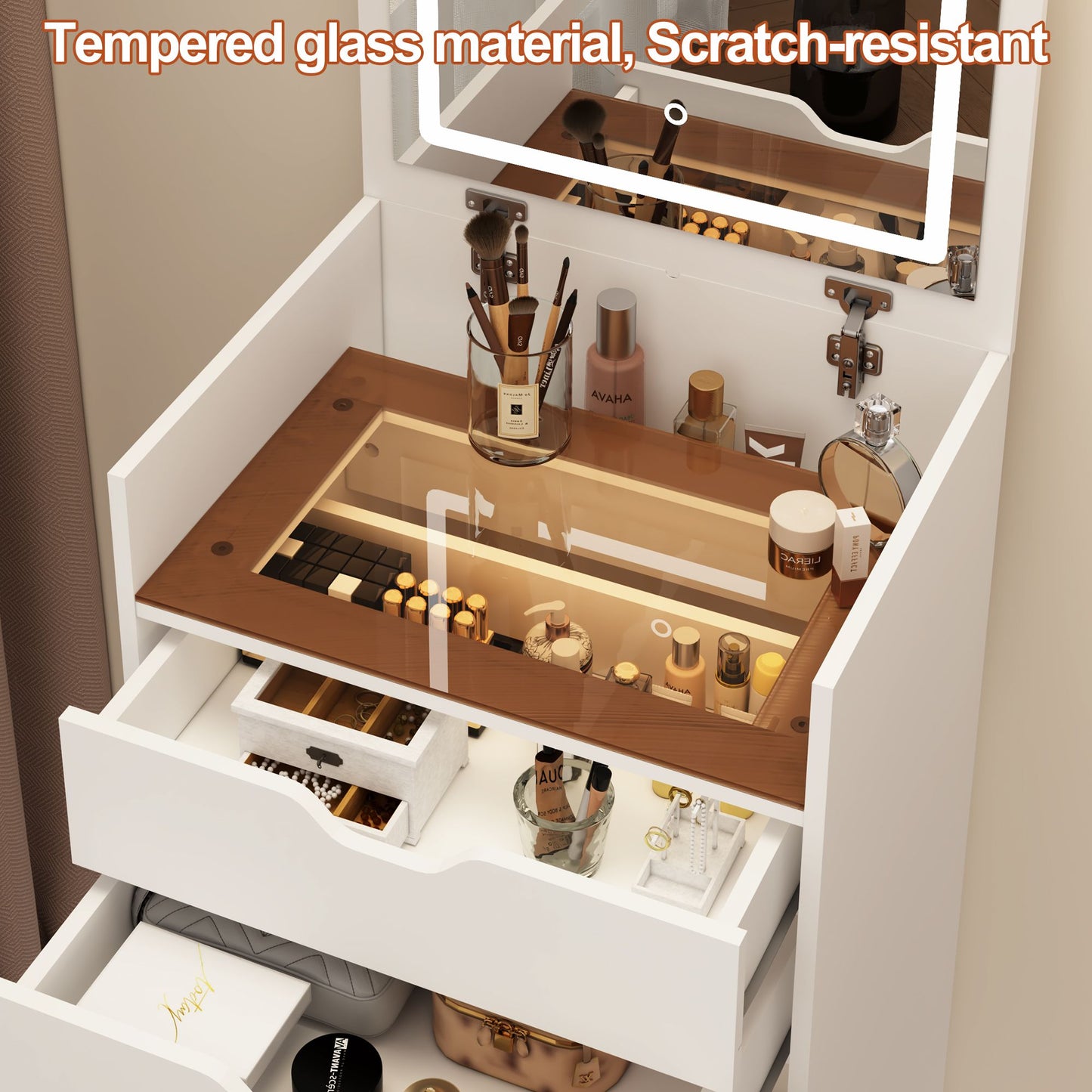 Dressing Table and Stool, 3-in-1 Multifunctional Dressing Table Set, Featuring Three-color Lighting Modes, HD Mirror, Two Sliding Drawers, and a Hidden Storage Stool - luxuryhomedecoridea.com