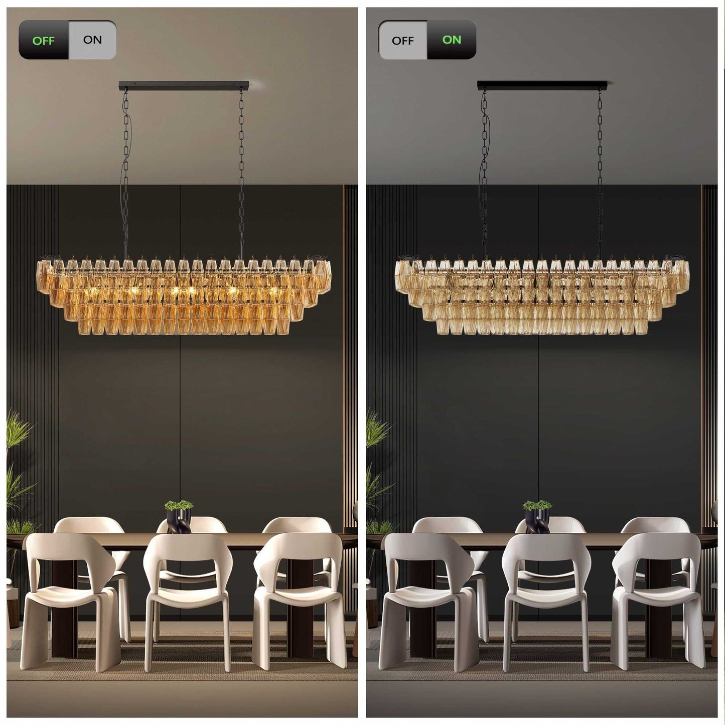 54" Black Rectangular Chandeliers for Dining Room, 12-Light 4 Tiered Large Smoke Glass Chandelier, Modern Kitchen Island Farmhouse Hanging Light Fixture for Living Room Foyer(Bulb not included) - luxuryhomedecoridea.com