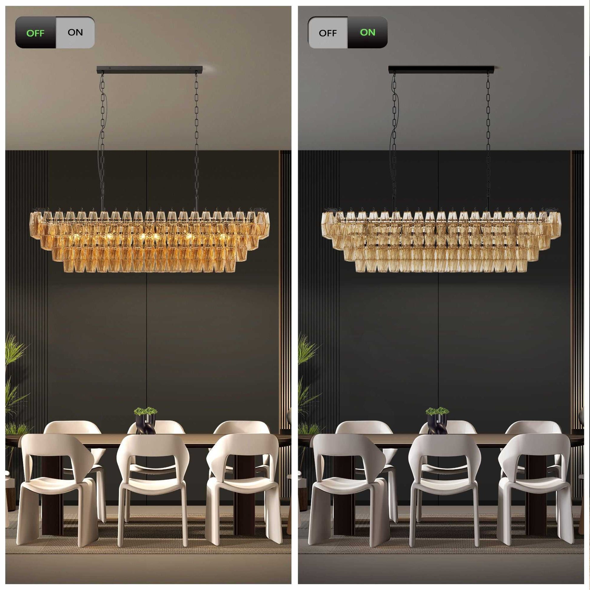 54" Black Rectangular Chandeliers for Dining Room, 12-Light 4 Tiered Large Smoke Glass Chandelier, Modern Kitchen Island Farmhouse Hanging Light Fixture for Living Room Foyer(Bulb not included) - luxuryhomedecoridea.com