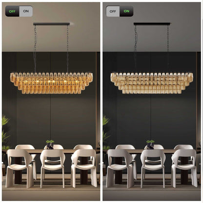 54" Black Rectangular Chandeliers for Dining Room, 12-Light 4 Tiered Large Smoke Glass Chandelier, Modern Kitchen Island Farmhouse Hanging Light Fixture for Living Room Foyer(Bulb not included) - luxuryhomedecoridea.com