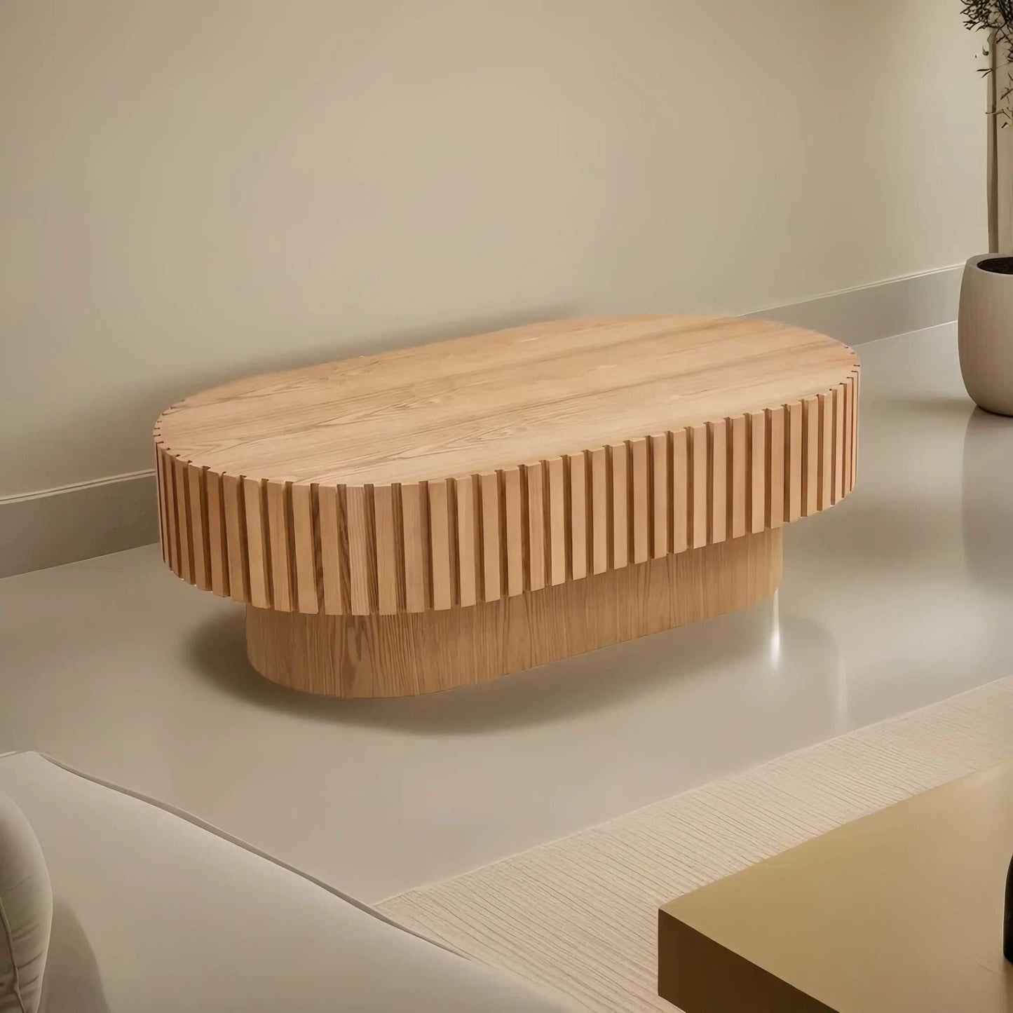 43.70 Inch Modern Handcraft Drum Coffee Table Oval Coffee Table for Living Room,Small Wooden Coffee Table with Sturdy Pedestal for Office - luxuryhomedecoridea.com