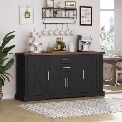 63" Farmhouse Barn Door Storage Cabinet with 2 Drawers & Door Rack, Large Buffet Table Coffee Bar Cabinets with Adjustable Shelves for Kitchen, Living Room, Entryway, Dining Room, Black - luxuryhomedecoridea.com