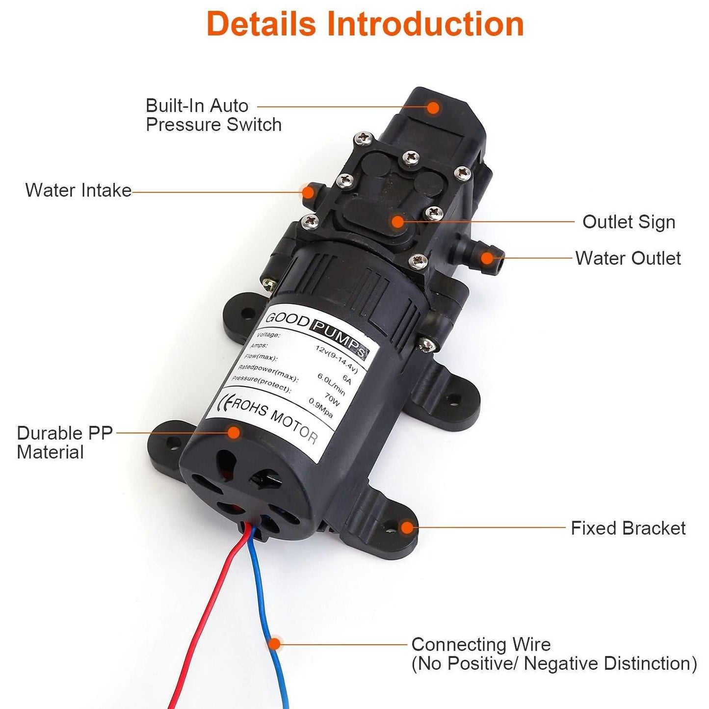 12V Water Pump with 2 Hose Clamps 130PSI Self Priming Sprayer Pump 70W Electric Diaphragm Water Pump 6L/Min for RV Camper Marine Boat - luxuryhomedecoridea.com