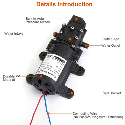12V Water Pump with 2 Hose Clamps 130PSI Self Priming Sprayer Pump 70W Electric Diaphragm Water Pump 6L/Min for RV Camper Marine Boat - luxuryhomedecoridea.com