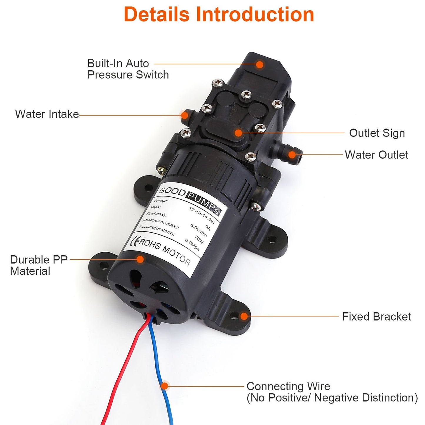 12V Water Pump with 2 Hose Clamps 130PSI Self Priming Sprayer Pump 70W Electric Diaphragm Water Pump 6L/Min for RV Camper Marine Boat - luxuryhomedecoridea.com