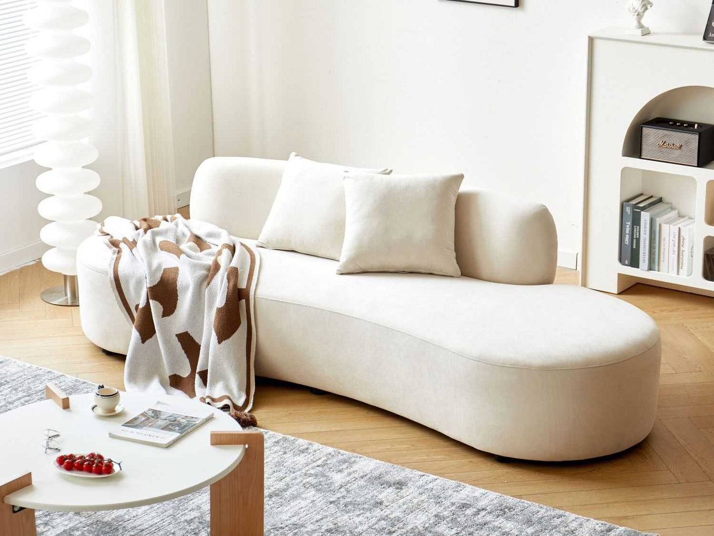 90" Curved Sofa with Throw Pillows, 4 Seater Luxury Velvet Couch with Half Moon Design and High-Density Foam, Ideal for Modern Living Room, Office & Apartment, Ivory - luxuryhomedecoridea.com
