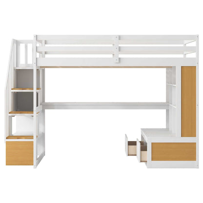 Full Size Loft Bed with Desk and Shelves, Two Built-in Drawers, Storage Staircase, White and Natural - luxuryhomedecoridea.com