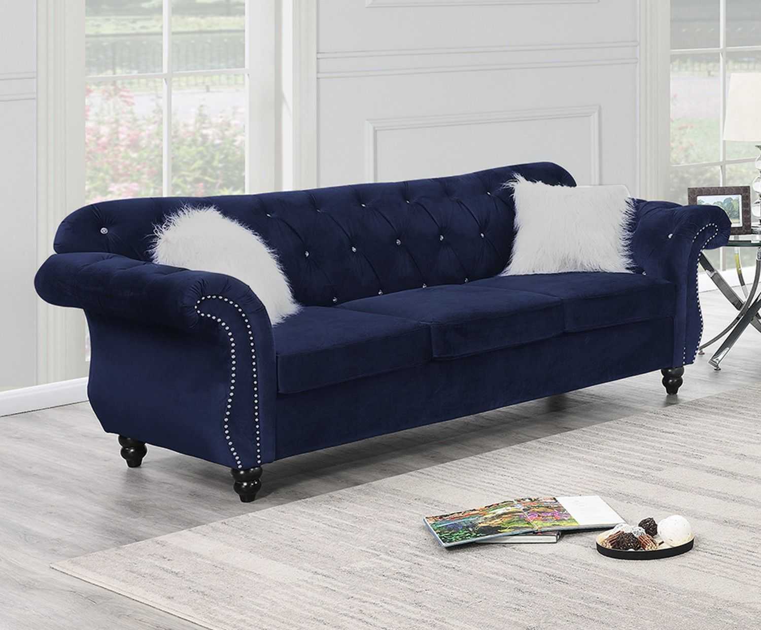 Formal Luxury Look 1pc Indigo Velvet Sofa w Pillows Living Room Furniture Couch - luxuryhomedecoridea.com