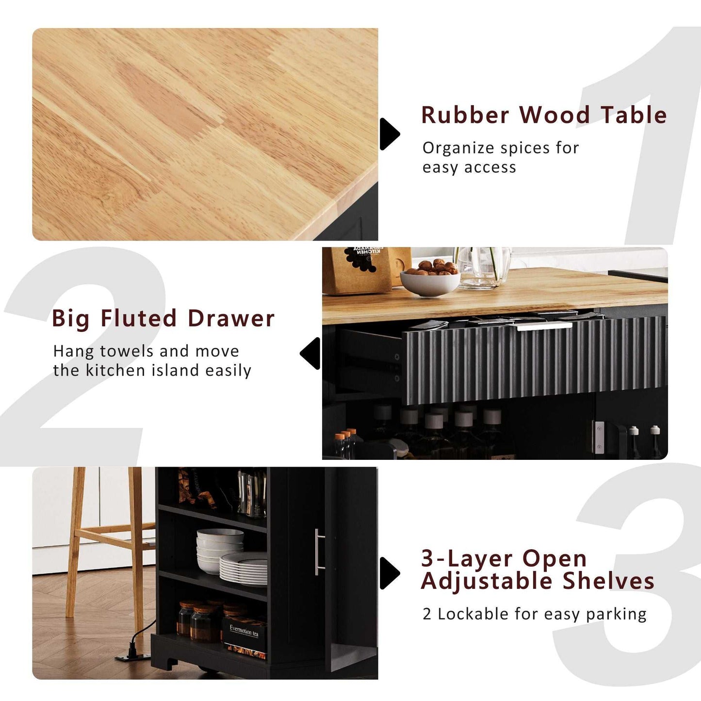 Fluted Kitchen Island with Trash Can Storage Cabinet, Power Outlet, Internal Storage Rack, Rolling Kitchen Islands on 5 Wheels with 3 Drawer, 3 Open Side Racks for 10 Gallon Garbage Bin - luxuryhomedecoridea.com
