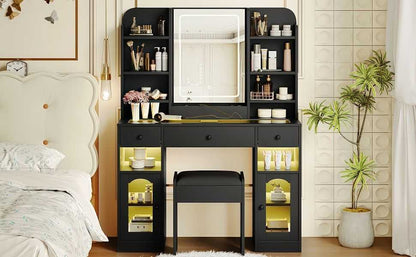 43.2" Vanity Desk with LED Mirror and Lights, Glass Top Vanity with RGB Glass Light Cabinets, Dressing Table with 3 Drawers ,Storage Shelves and Stool for Bedroom - luxuryhomedecoridea.com