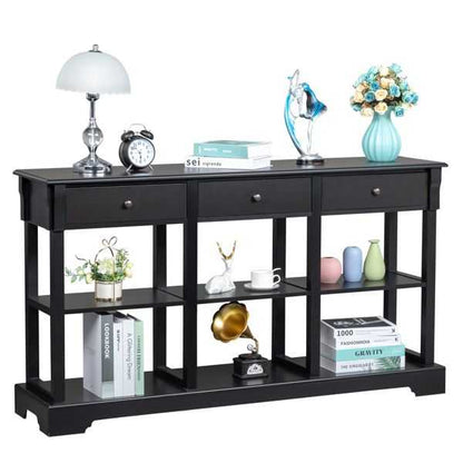 Console Sofa Table with Ample Storage; Retro Kitchen Buffet Cabinet Sideboard with Open Shelves and 3 Drawers; Accent Storage Cabinet for Entryway/Living Room Black Color - luxuryhomedecoridea.com