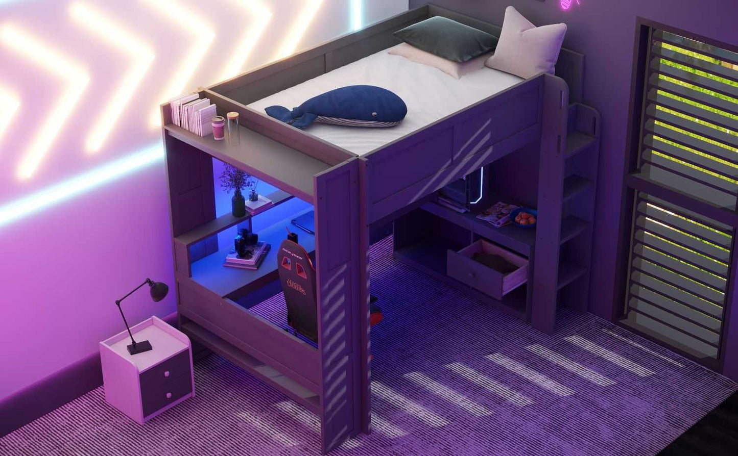 Wood Full Size Gaming Loft Bed with Desk, Multi-storage Shelves, LED and Charging Station, Dark Gray(Old SKU:SM000374AAE) - luxuryhomedecoridea.com