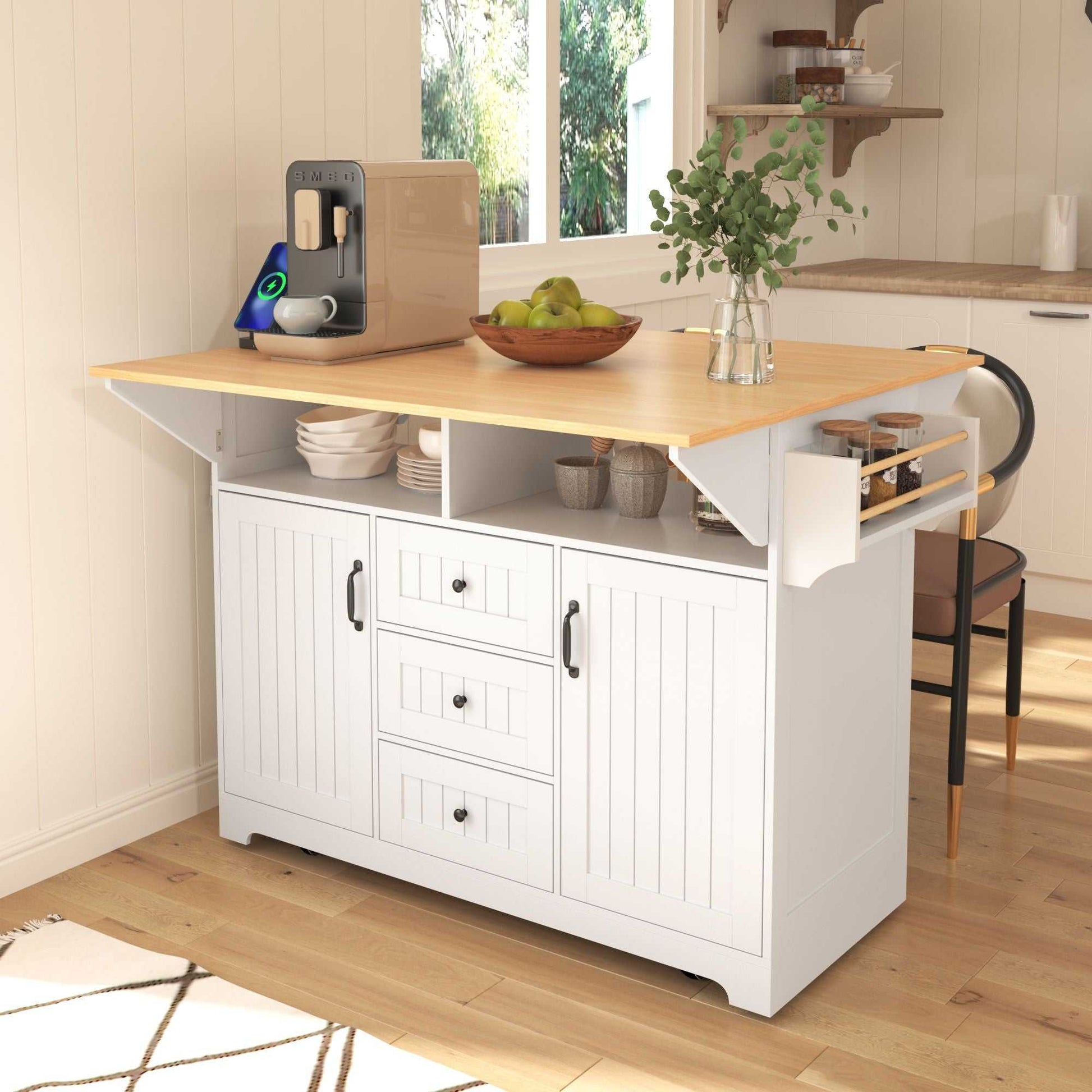 55.7" Large Kitchen Island with 2 Drop Leaf,Rolling Kitchen Cart on 5 Wheels with Power Outlet, Folding Storage Dining Table with Spice & Towel Rack , 3 Drawers, for Kitchen, Dining Room - luxuryhomedecoridea.com