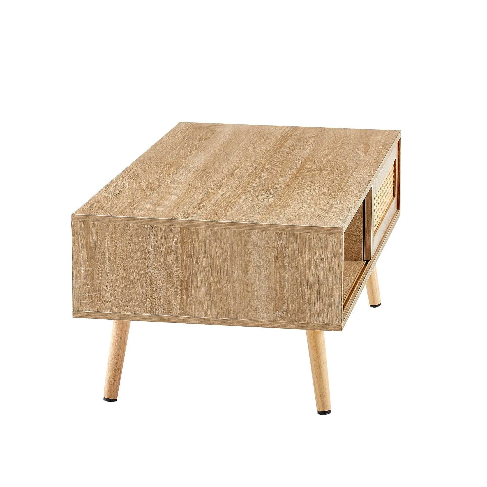 41.34" Rattan Coffee table, sliding door for storage, solid wood legs, Modern table for living room - luxuryhomedecoridea.com