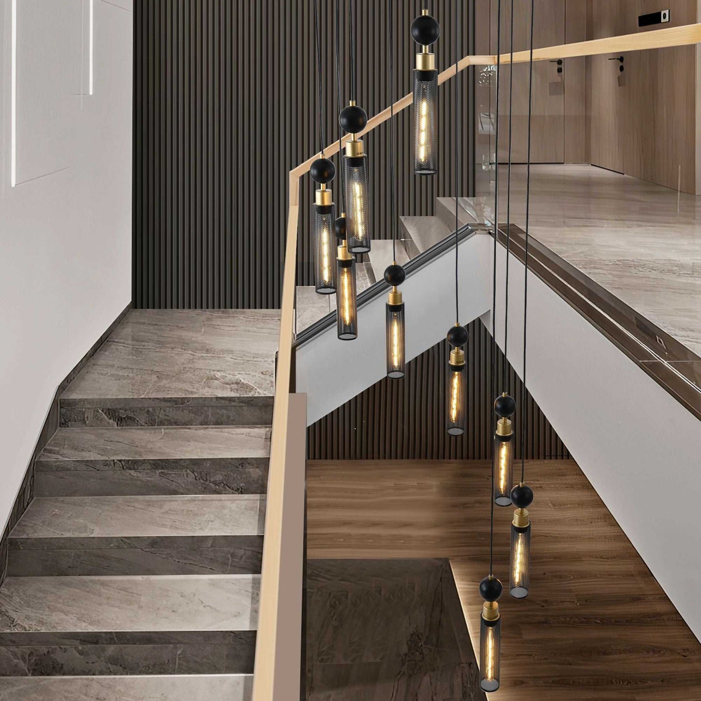 24" Modern Industrial Multi-Light Pendant Chandelier - 9-Light Black and Gold Adjustable Ceiling Light Fixture with Mesh Cylinder Shades for Living Room, Dining Room, or Staircase (Bulb Not Included) - luxuryhomedecoridea.com