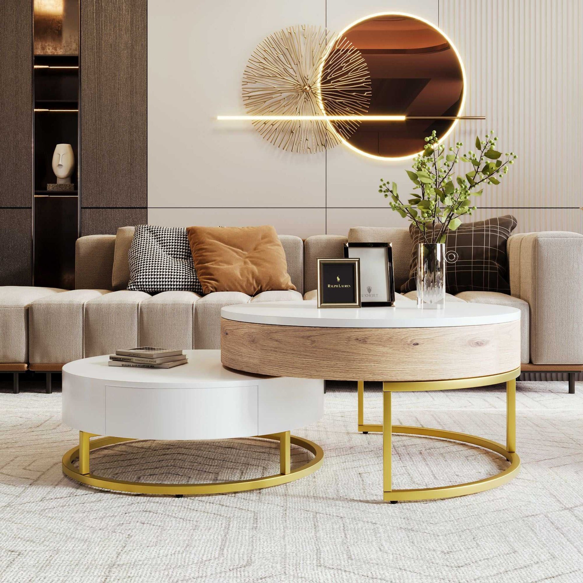 Modern Round Lift-top Nesting Coffee Tables with 2 Drawers - luxuryhomedecoridea.com