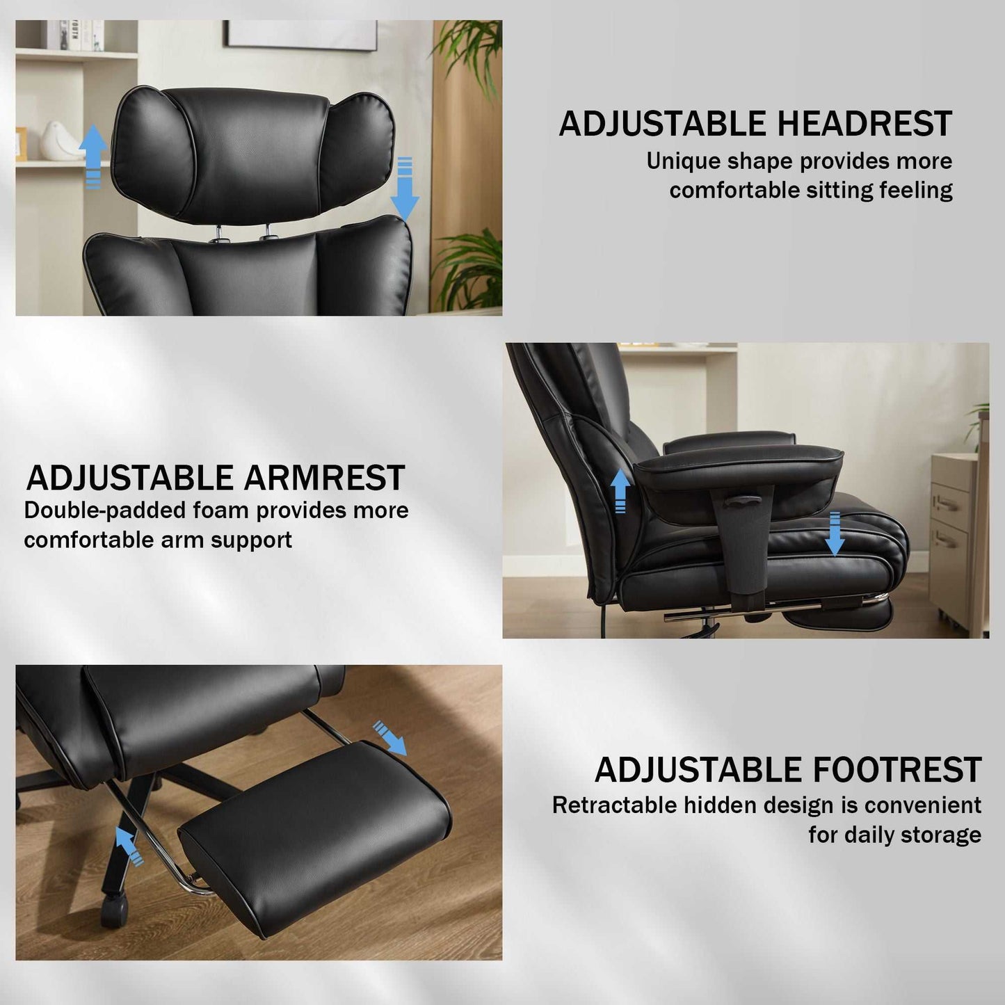 Office Chair with Foot Rest and Waist Lumber Support, Ergonomic Gaming Chair with Adjustable Height Headrest, High-Back Leather Reclining Chair for Home, Black - luxuryhomedecoridea.com