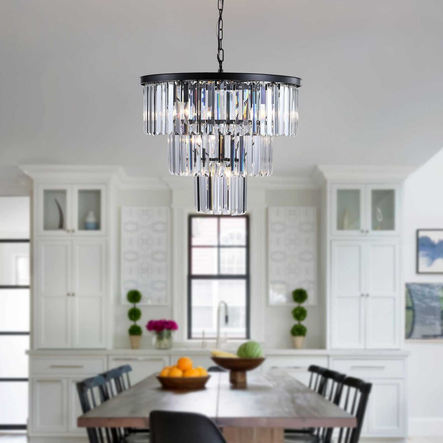(NEW SKU:W1340P189315) 20" Modern Crystal Chandelier with Black Finish – Elegant 7-Light Pendant Light with 3 Tier Crystal Strands for Dining Room, Living Room, or Bedroom (Bulb Not Included) - luxuryhomedecoridea.com