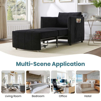 Upholstered Convertible Sleeper Sofa, 31.5" Pull Out Sofa Bed with 5-Position Adjustable Backrest, Side Pockets and a Storage Basket, Fold Out Chair Bed, Lounger For Living Room, Apartment, Black - luxuryhomedecoridea.com