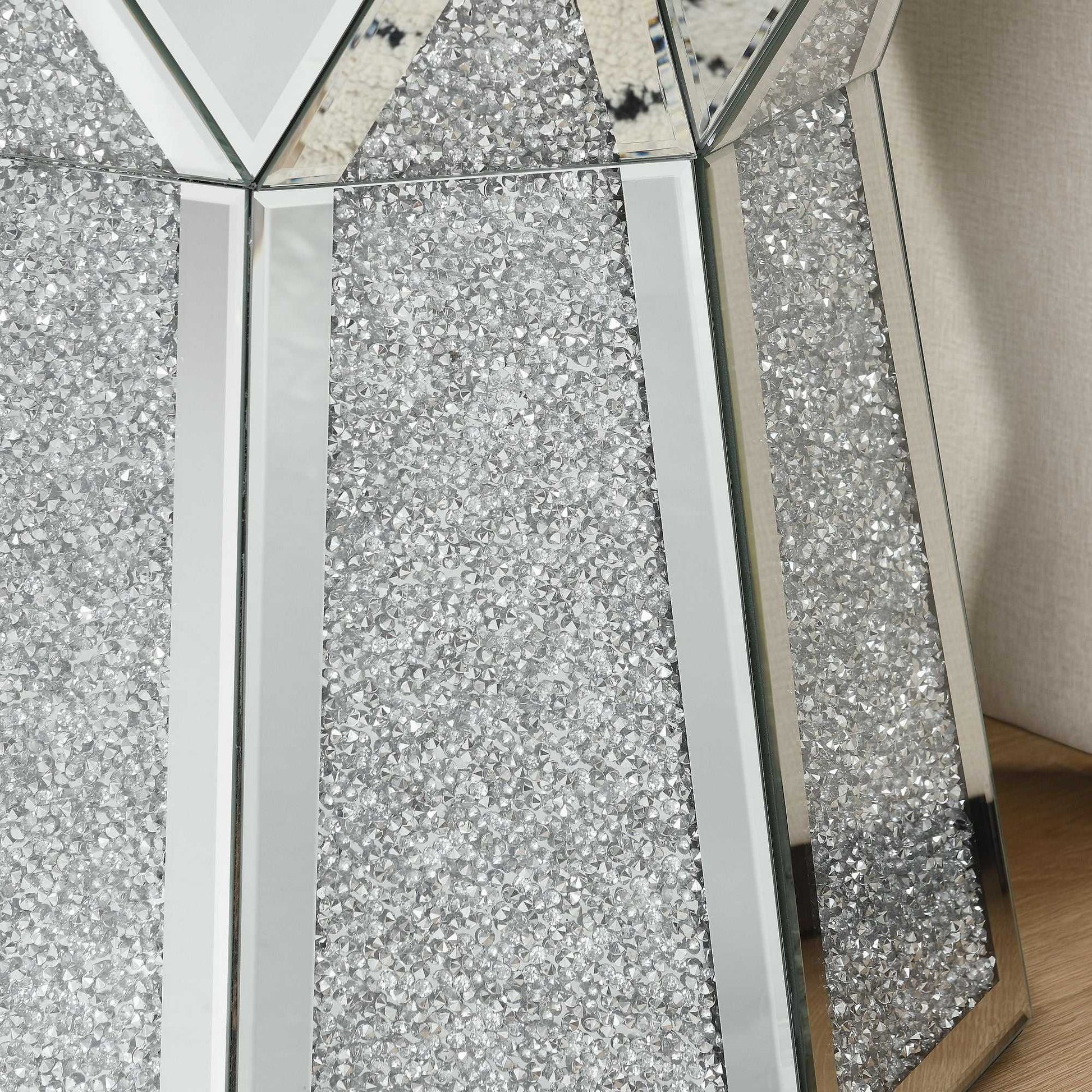 Drum style coffee table with mirror crystal inlay, polygonal silver decorative table, modern design luxury modern furniture, 20 inch (about 50 centimeters) low coffee table, suitable for living room - luxuryhomedecoridea.com