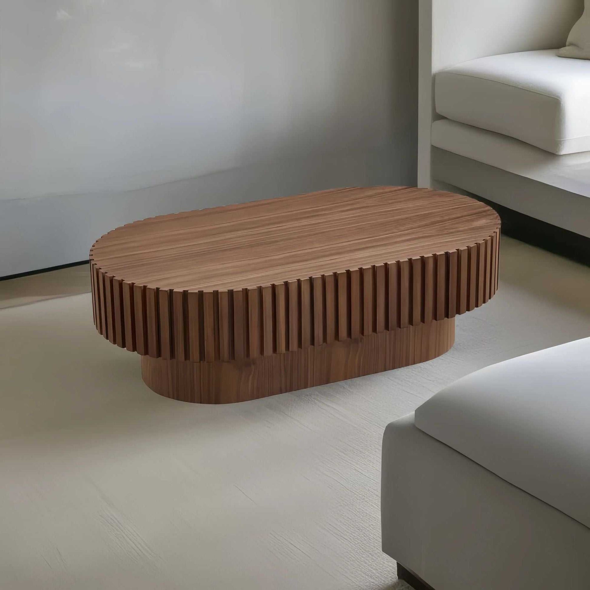 43.70 Inch Modern Handcraft Drum Coffee Table Oval Coffee Table for Living Room,Small Wooden Coffee Table with Sturdy Pedestal for Office - luxuryhomedecoridea.com