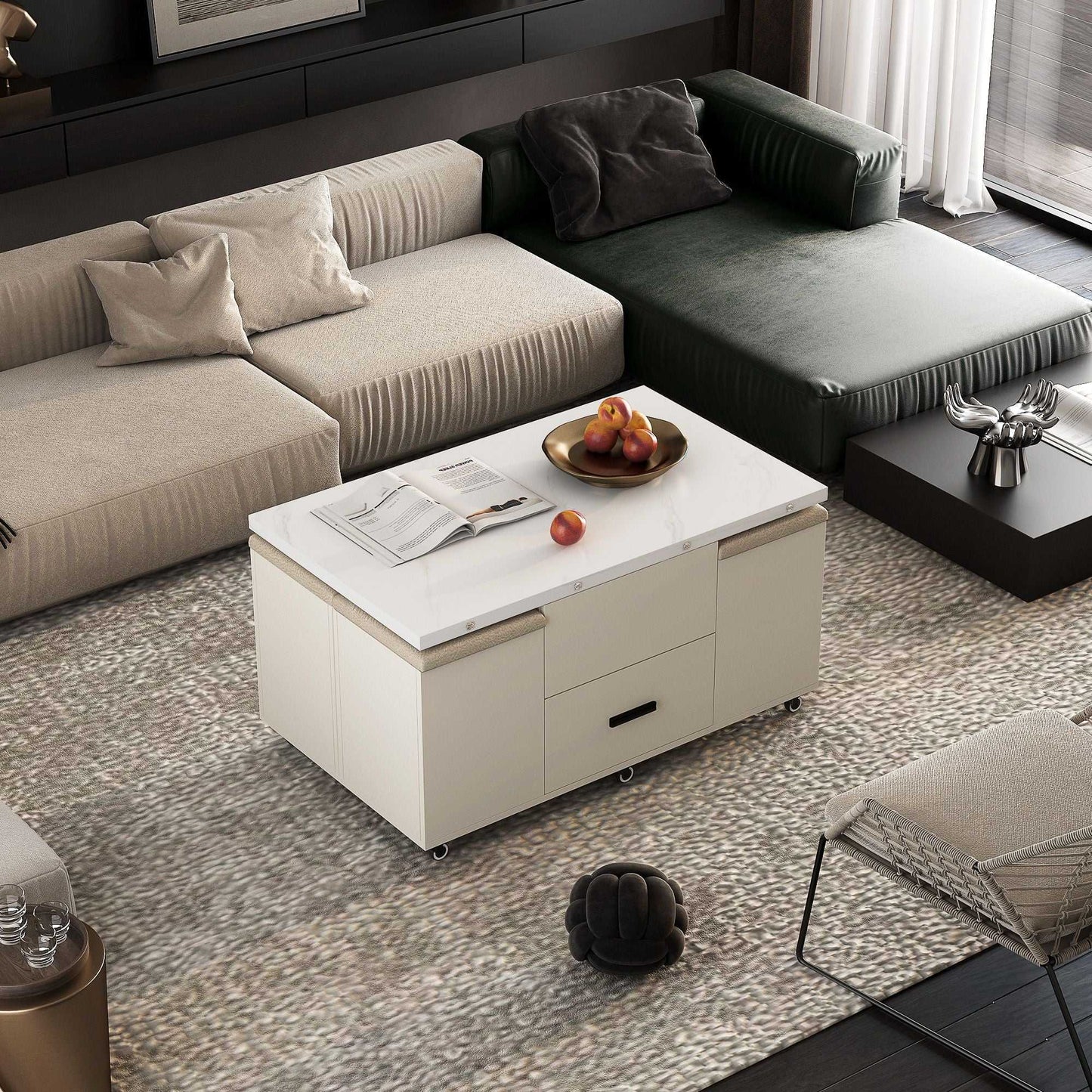 Modern Lift-Up Coffee Table with 4 Stools Set for Living Room Expandable 1 Hidden Storage + 2 Drawers Space Saving Folding Dining Table - luxuryhomedecoridea.com