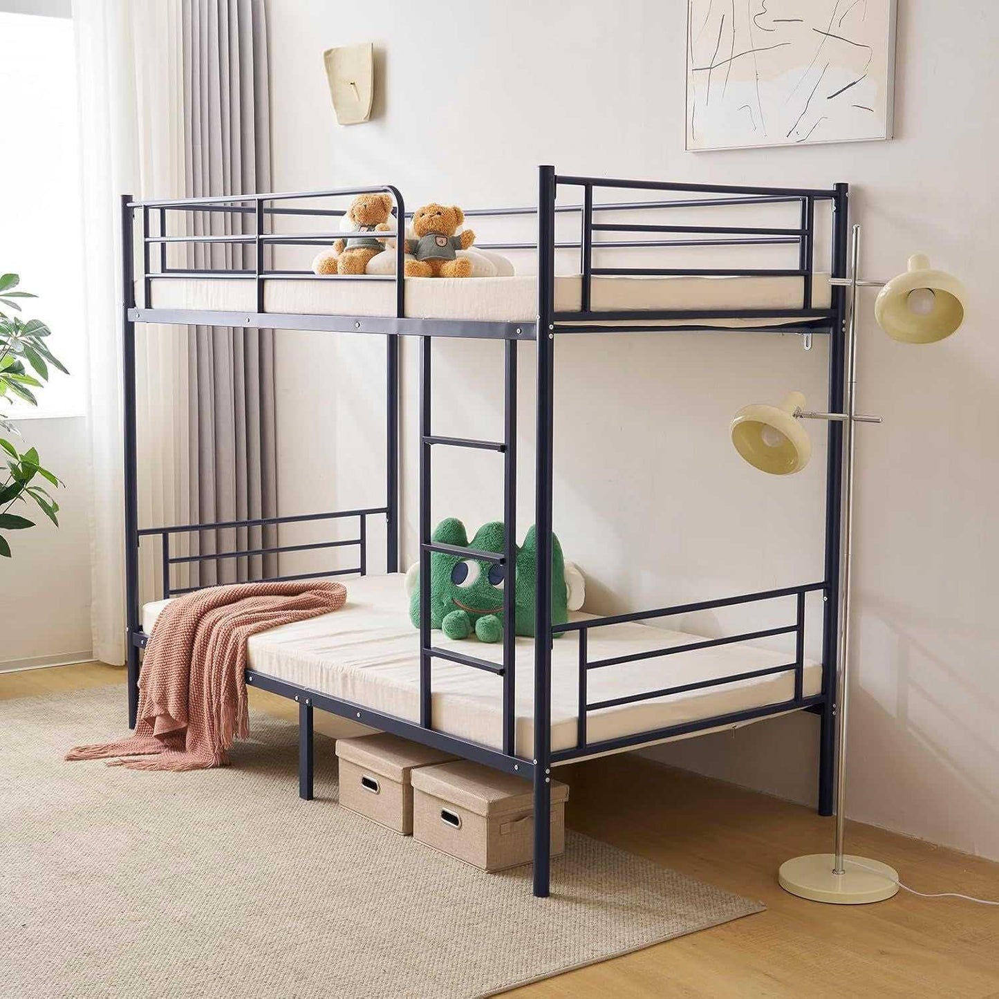 Modern Double Layer Bunk Bed with Sturdy Metal Frame Safety Guardrails Underbed Storage Space for Kids Teens Adults Easy Assembly No Box Spring Needed - luxuryhomedecoridea.com