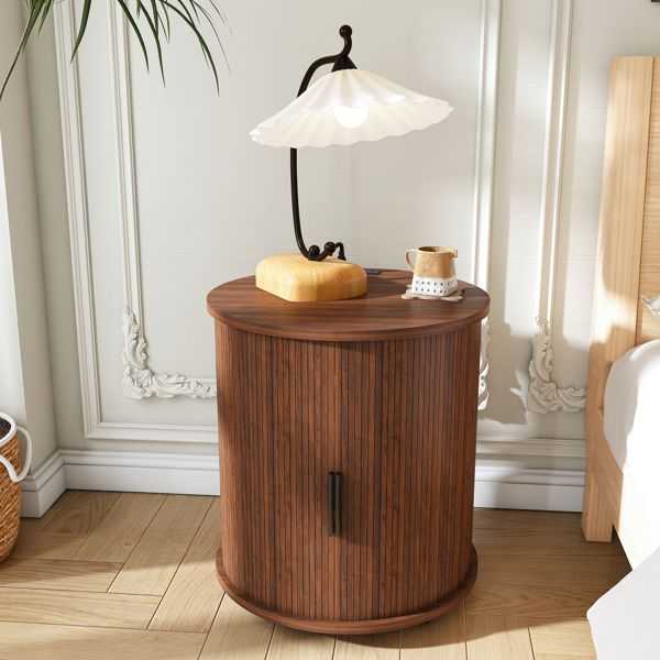 Mid Century Modern Cylinder End Table with Built-in Charging Station & Sliding Door, 2-Tier Storage Round Nightstand with USB Ports, Walnut Bedside Table for Living Room, Bedroom, Entryway - luxuryhomedecoridea.com