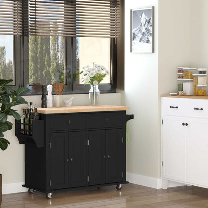 Kitchen Island Cart with Rubber Wood Top, Rolling Kitchen Island Table on Wheels with Drawers, Adjustable Shelves, Spice Rack and Towel Rack for Dining Room, Black - luxuryhomedecoridea.com
