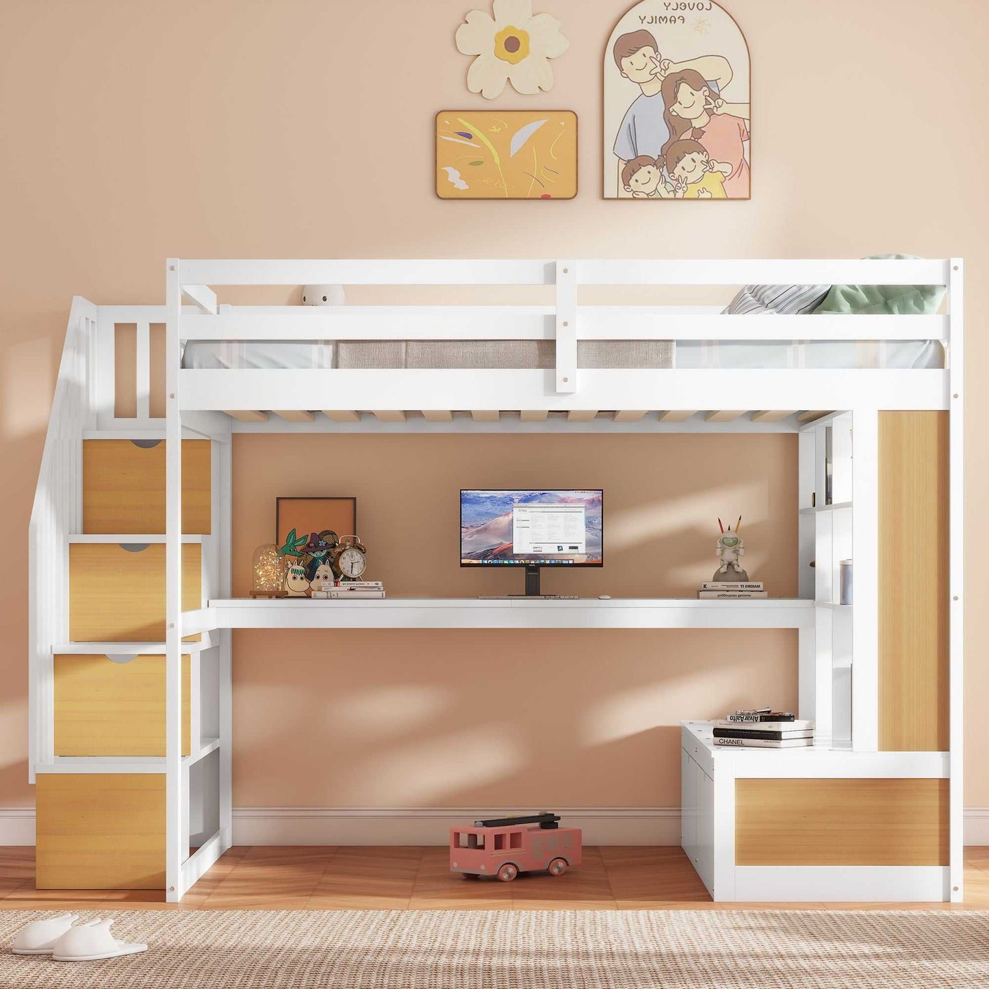 Full Size Loft Bed with Desk and Shelves, Two Built-in Drawers, Storage Staircase, White and Natural - luxuryhomedecoridea.com