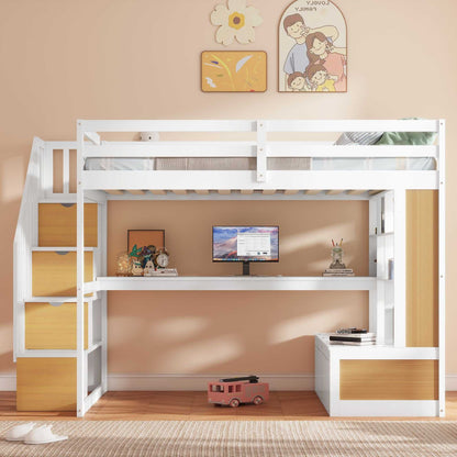 Full Size Loft Bed with Desk and Shelves, Two Built-in Drawers, Storage Staircase, White and Natural - luxuryhomedecoridea.com