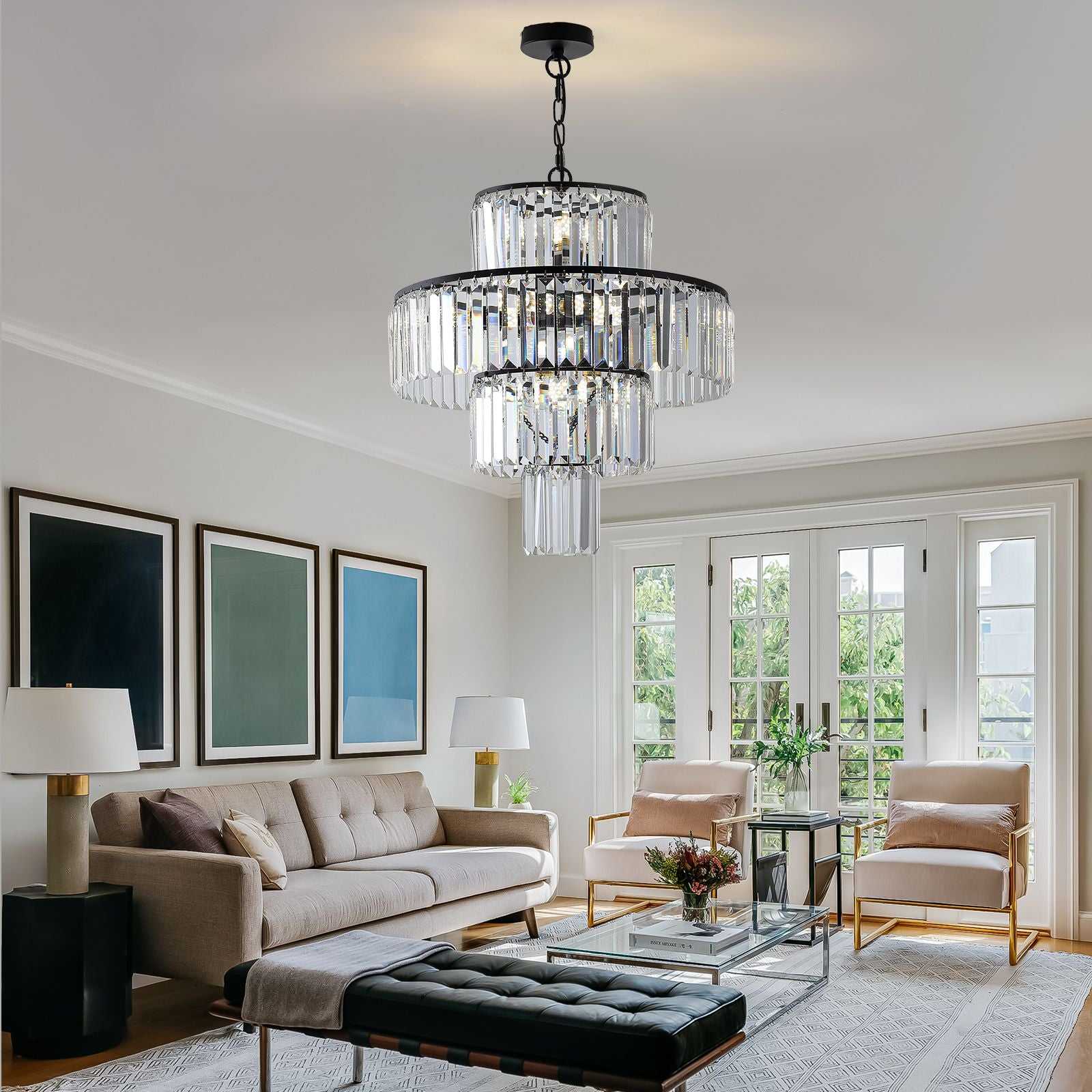 20" Modern Crystal Chandelier with Black Finish, 4-Tier Design for Dining Room or Living Room, Elegant Crystal Pendant Light Fixture (Bulb Not Included) - luxuryhomedecoridea.com