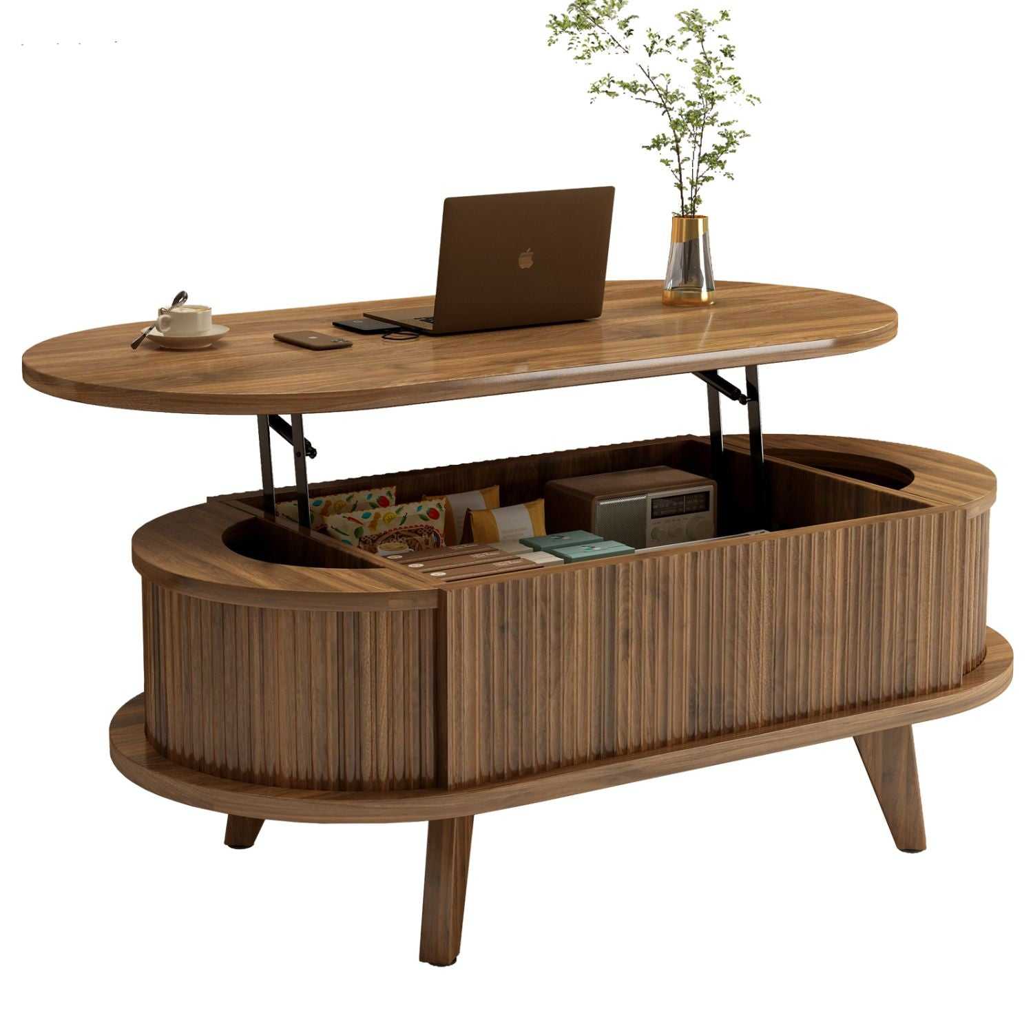 Fluted Lift Top Coffee Table with Hidden Compartment, Wooden Center Table, Modern Oval Lift Tabletop for Home Living Room Office, Walnut Brown Color - luxuryhomedecoridea.com