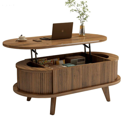 Fluted Lift Top Coffee Table with Hidden Compartment, Wooden Center Table, Modern Oval Lift Tabletop for Home Living Room Office, Walnut Brown Color - luxuryhomedecoridea.com