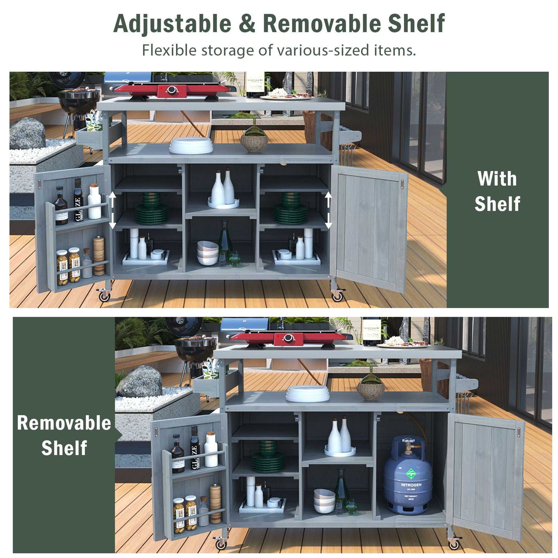 Outdoor Kitchen Island, Rolling Bar Cart & Storage Cabinet, Farmhouse Solid Wood Outdoor Grill Table with Stainless Steel Top, Spice Rack , Towel Rack for Kitchen & BBQ , Grey Blue - luxuryhomedecoridea.com
