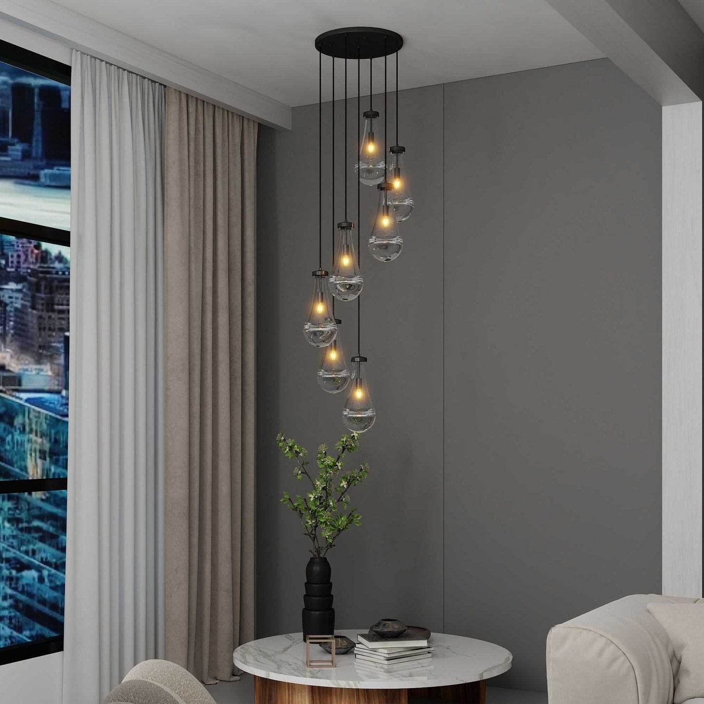 7 Light Dining Room Pendant Light, Large Chandelier Adjustable Hanging Line, Black Living Room Pendant Light, Foyer Chandelier, Stairwell Pendant Lights, Bedroom Chandeliers - luxuryhomedecoridea.com