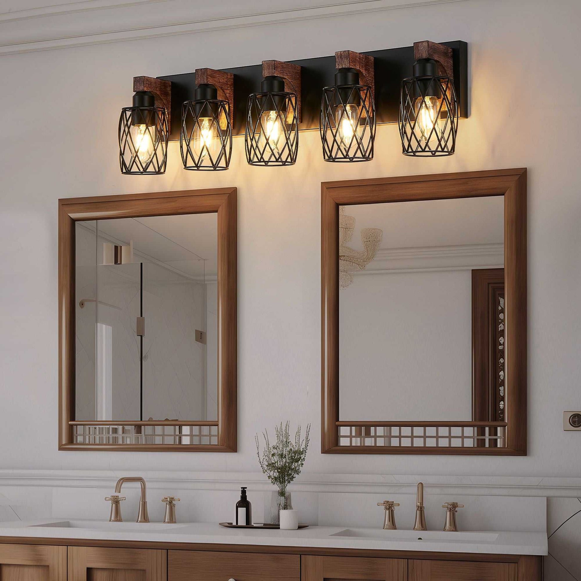 31" Industrial Vintage 5-Light Wall Sconce - Black Cage Wall Lighting Fixture with Wooden Accents for Bathroom, Hallway, or Living Room (Bulb Not Included) - luxuryhomedecoridea.com