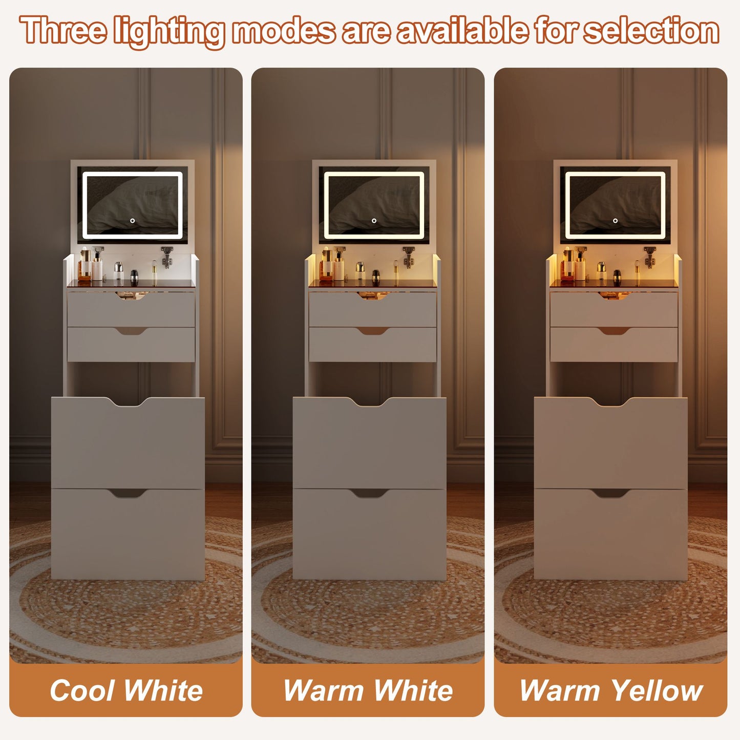 Dressing Table and Stool, 3-in-1 Multifunctional Dressing Table Set, Featuring Three-color Lighting Modes, HD Mirror, Two Sliding Drawers, and a Hidden Storage Stool - luxuryhomedecoridea.com