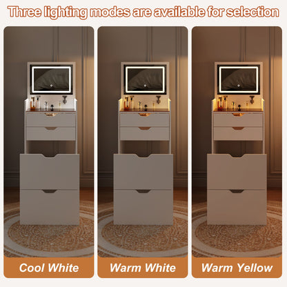 Dressing Table and Stool, 3-in-1 Multifunctional Dressing Table Set, Featuring Three-color Lighting Modes, HD Mirror, Two Sliding Drawers, and a Hidden Storage Stool - luxuryhomedecoridea.com