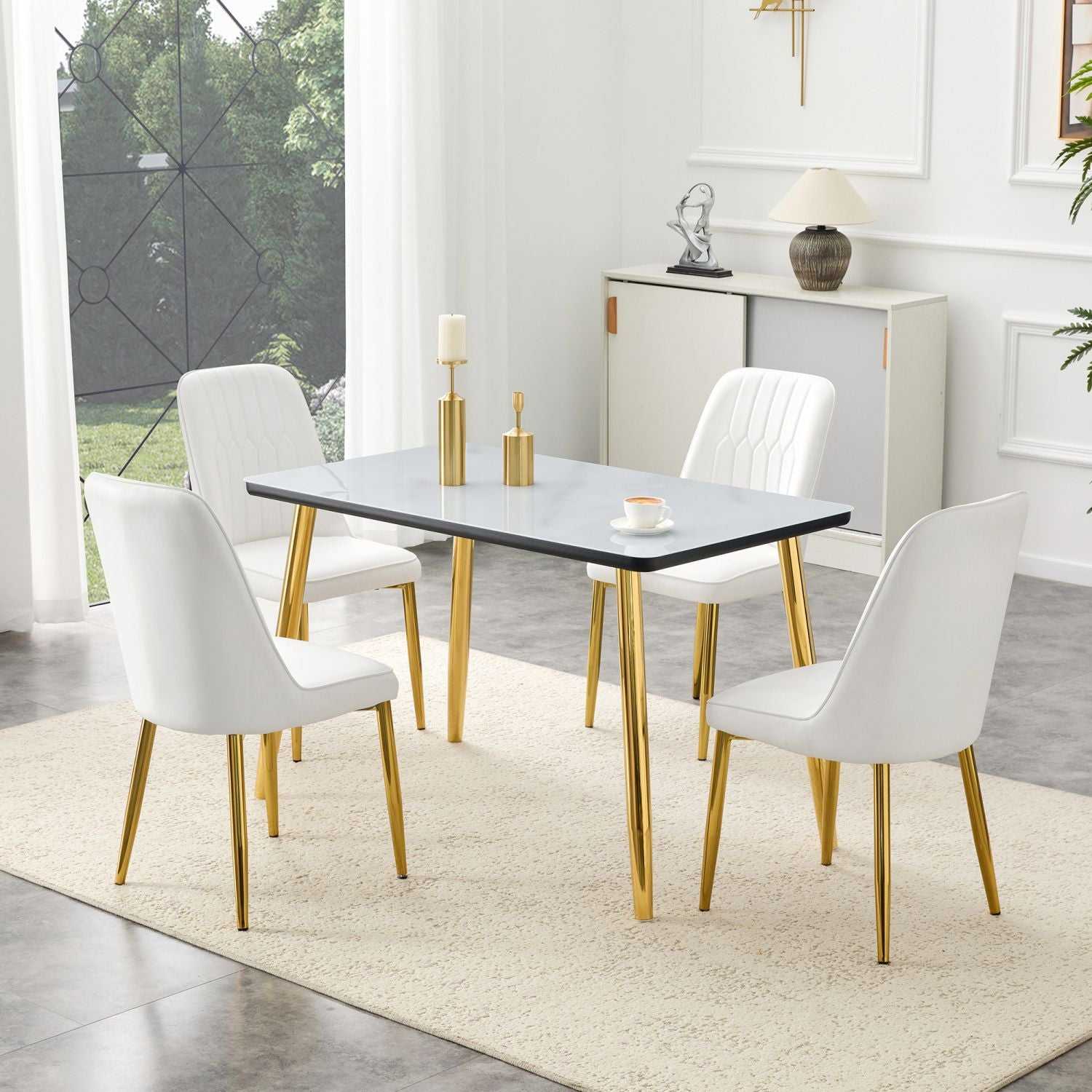 Table and chair set.Table and chair set.White imitation marble texture glass top + lower black MDF board,silver metal legs.Paired with 4 WHITE chairs with PU artificial leather backrest cushions. - luxuryhomedecoridea.com