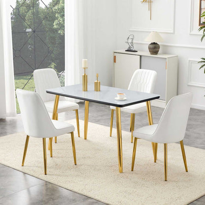 Table and chair set.Table and chair set.White imitation marble texture glass top + lower black MDF board,silver metal legs.Paired with 4 WHITE chairs with PU artificial leather backrest cushions. - luxuryhomedecoridea.com
